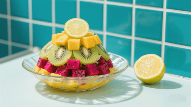 Tropical fruit salad with yellow dragon fruit